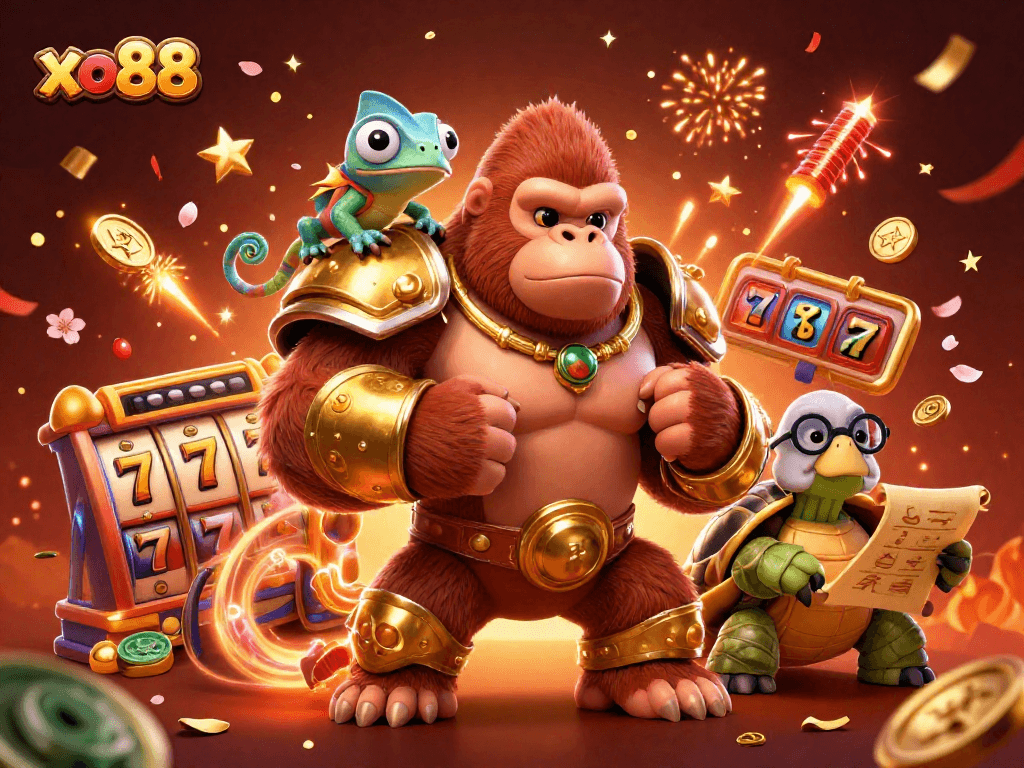 Experience excitement at xo88 with a dynamic casino scene featuring a gorilla king and gaming symbols.