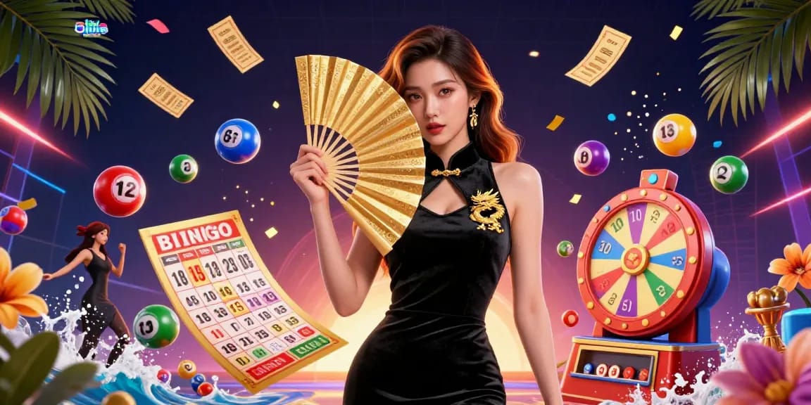 Tai xiu online: Experience the thrill with vibrant lottery balls and a stunning Asian woman in a casino setting.
