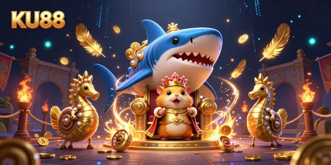 Experience exciting gameplay with KU88 in this vibrant 3D casino scene of a hamster king and royal guards.