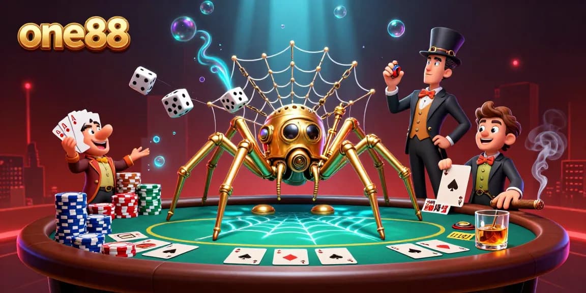 one88 captures a vibrant gambling scene with a steampunk spider and fly in a poker web