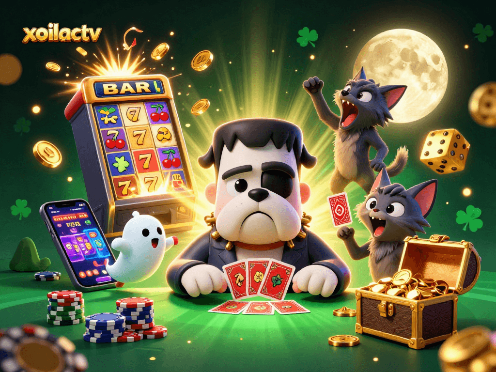 Xoilactv showcases a lively casino scene with a 3D cartoon bulldog dealer amidst vibrant gaming elements.