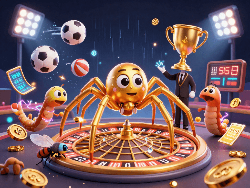 lu88 spins winning bets with a golden web roulette, fly nervous with colorful sports elements.