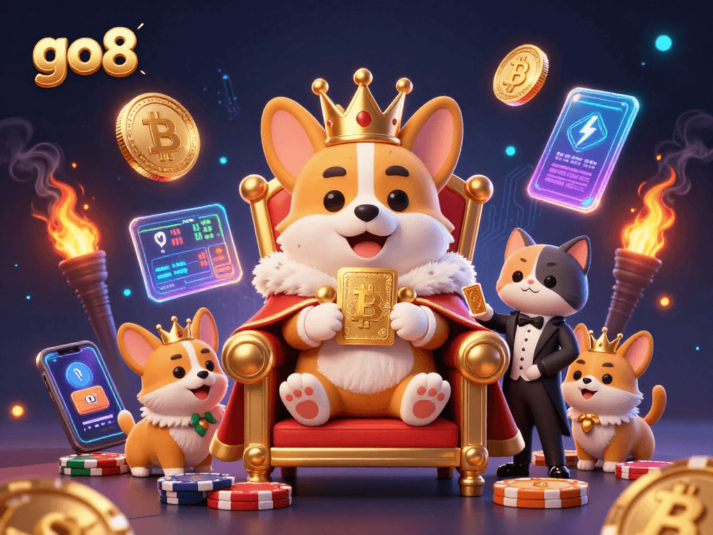 Join the excitement at go8 with vibrant 3D characters enjoying various casino games and crypto elements.