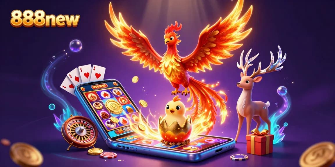Experience the excitement of 888new with a dynamic casino-themed 3D illustration featuring mythical characters.
