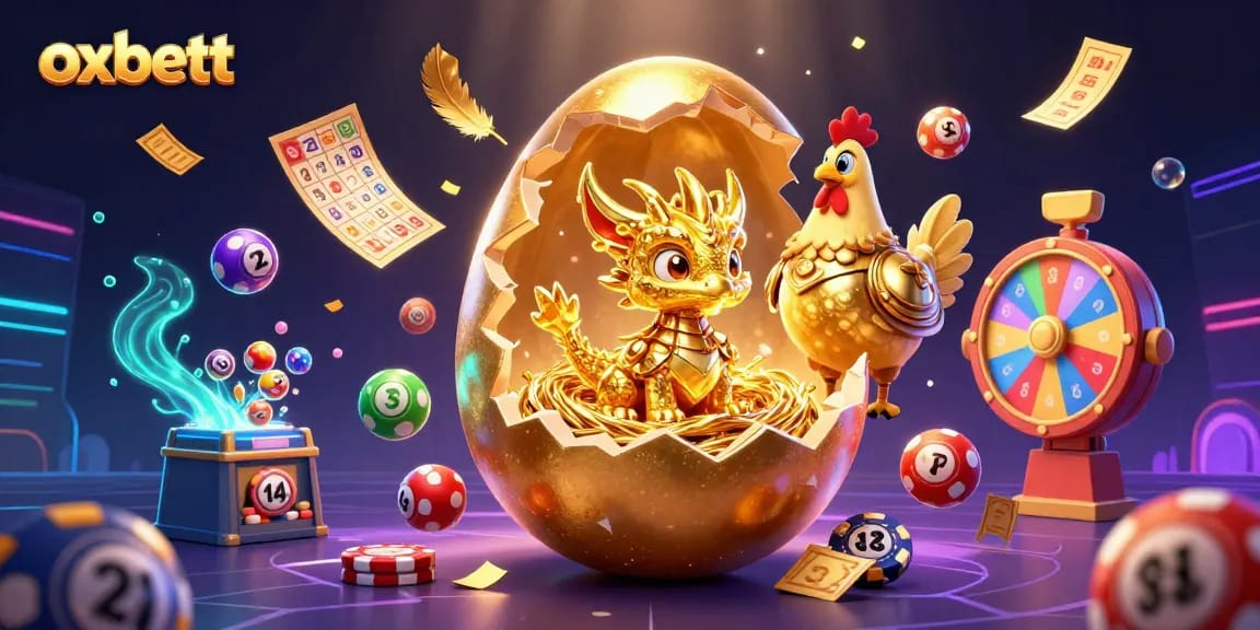 Experience the thrill of gaming with oxbett, showcasing a dragon amid lottery balls and casino elements.