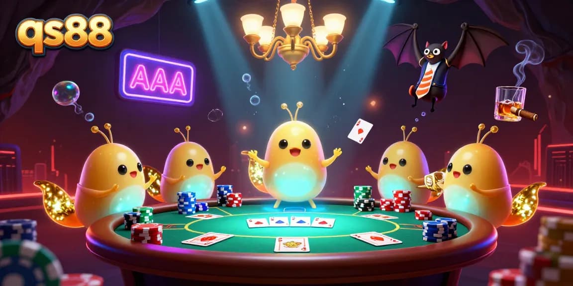 qs88 showcases an electric casino scene with glowworms, poker elements, and a bat dealer.
