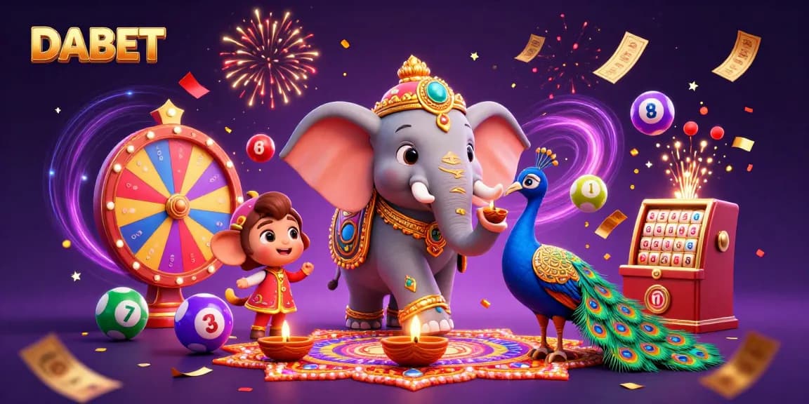DABET showcases vibrant 3D lottery excitement with colorful balls and festive characters.