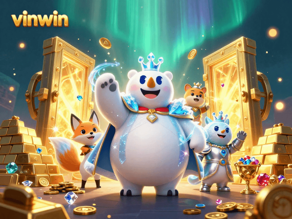 Experience winning moments with vinwin in this vibrant casino adventure scene filled with treasures.