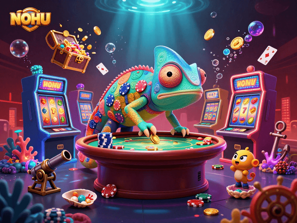 Experience thrilling NOHU casino excitement with a vibrant scene featuring a chameleon character and dynamic slots.