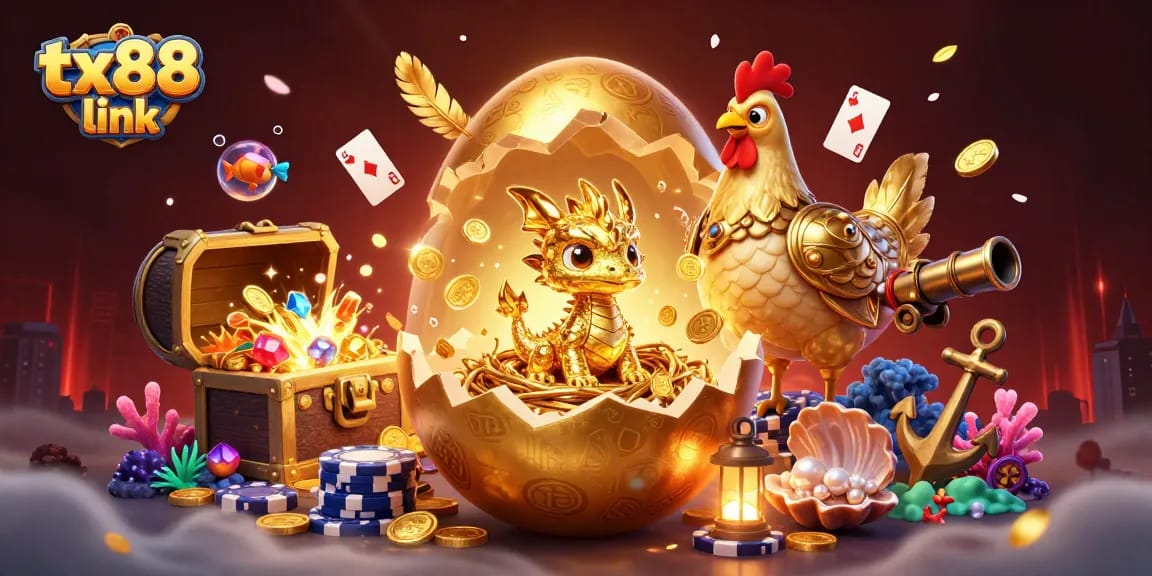 Experience the excitement with tx88 link as a golden dragon guards poker chips amidst treasures and casino elements.