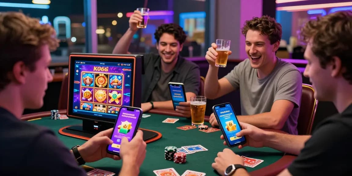 Players enjoy the KO66 app for online gambling games in a vibrant casino setting.