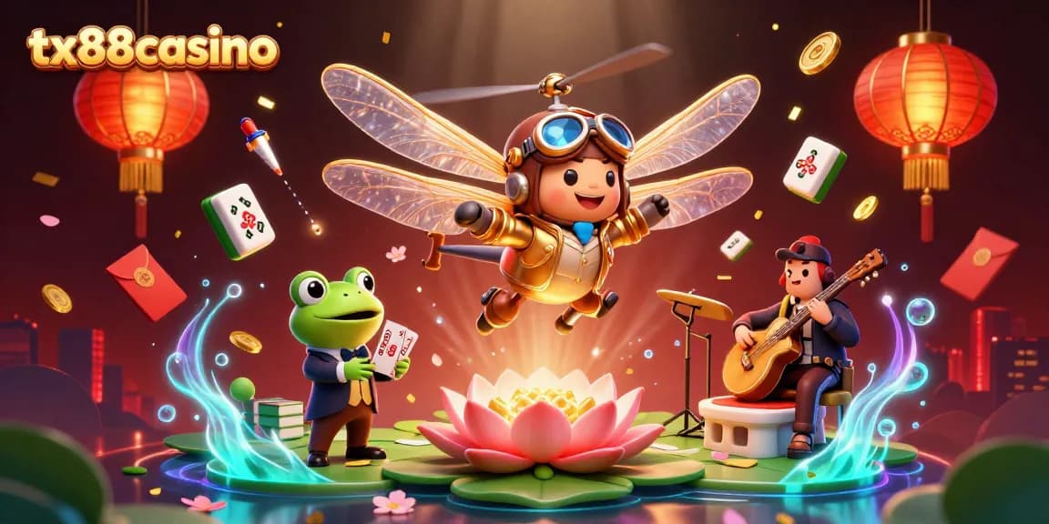 Engage with tx88casino’s vibrant 3D casino scene featuring dragonfly pilot and card-dealing frog
