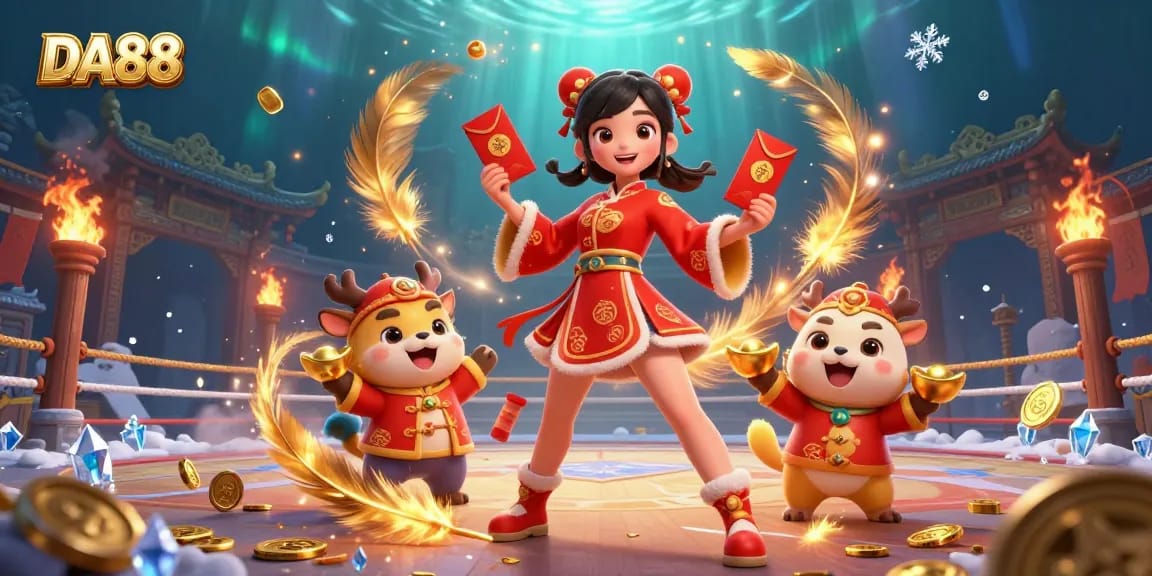 Experience the vibrant energy of DA88 with 3D casino characters celebrating luck during Lunar New Year.