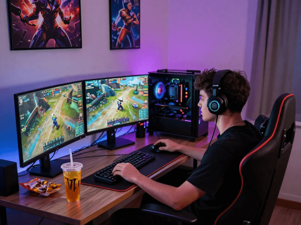 trang chủ oxbet online gaming setup with vibrant lighting and action-filled screens