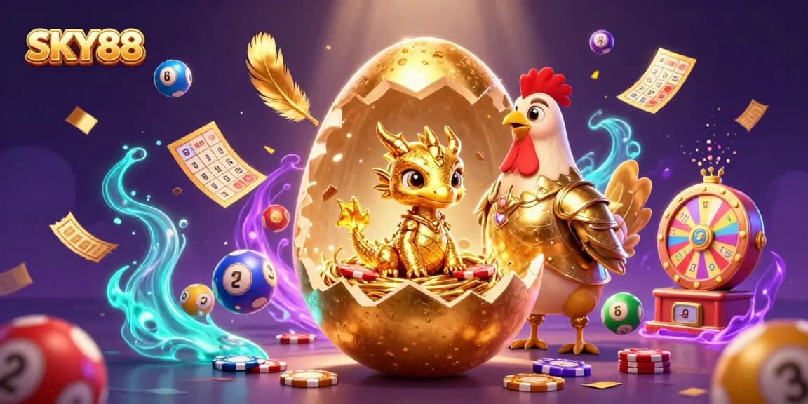Experience the excitement of SKY88 as a golden dragon emerges from an enchanting egg amidst a flurry of colorful gambling elements.