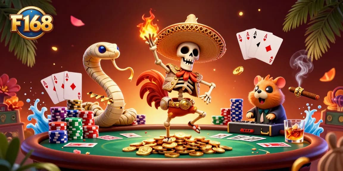 Experience the excitement of F 168 as a cartoon skeleton dances on golden coins with vibrant casino elements.