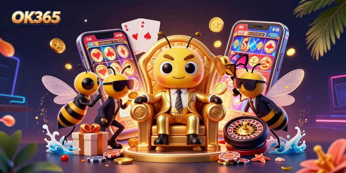 Experience thrilling gameplay with OK365's vibrant scene featuring a bumblebee mob boss and casino elements.