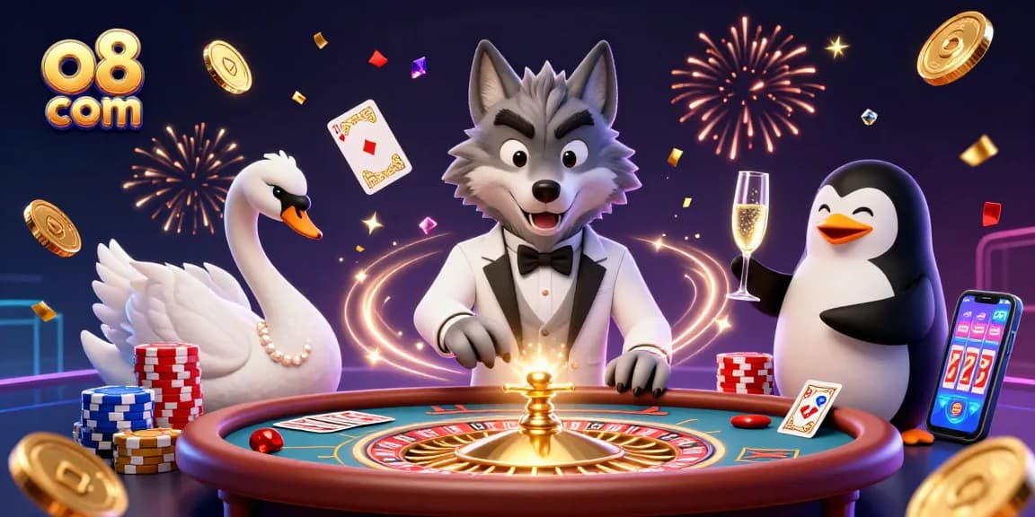 Play games at o8 com, enjoy thrilling baccarat amidst dazzling casino elements showcasing excitement.