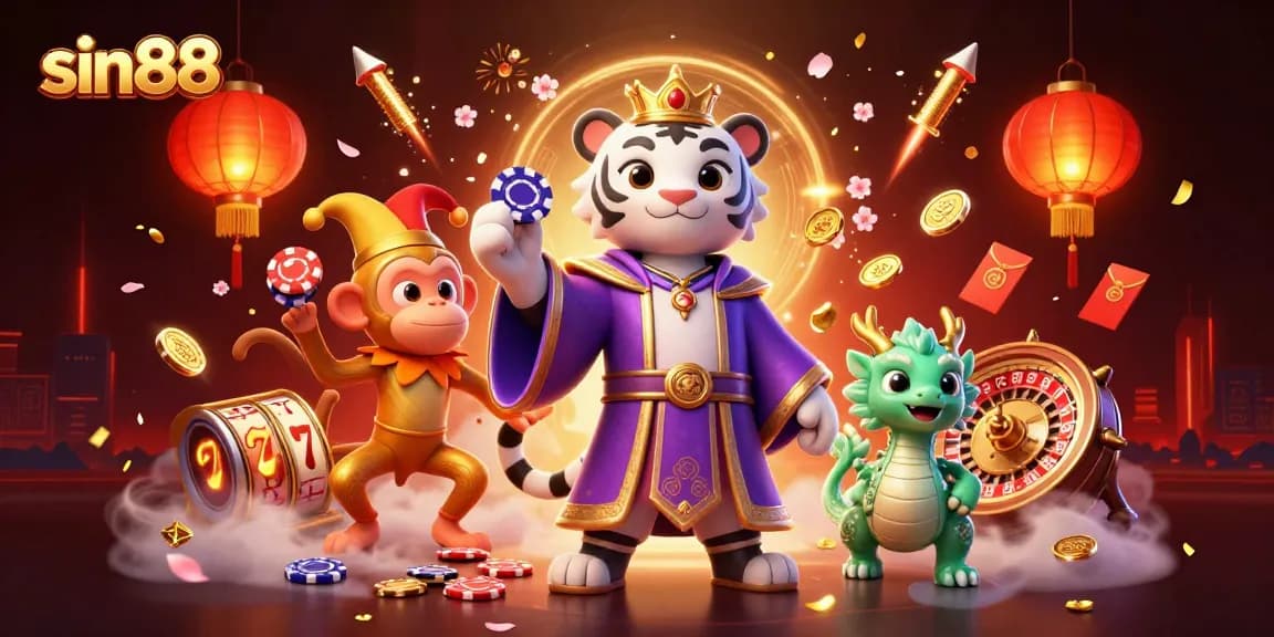 Experience the excitement of sin88 with vibrant casino action featuring a royal tiger and golden monkey.