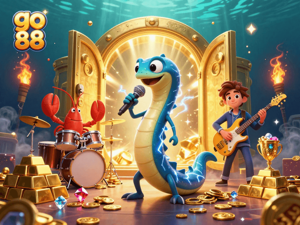 Experience thrilling wins at go 88 underwater casino illustration with vibrant characters and treasures.
