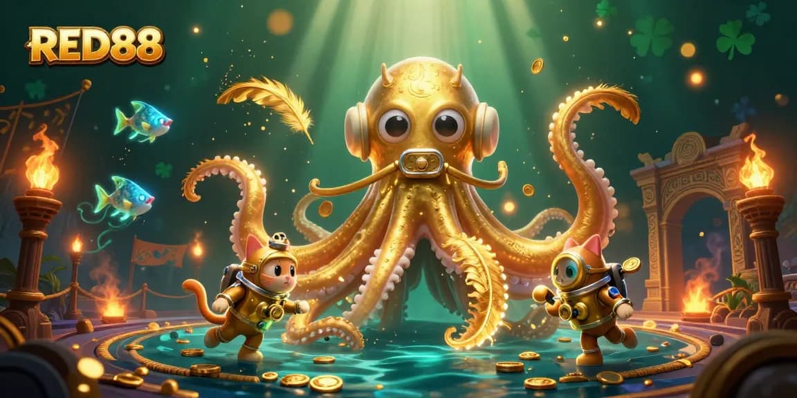 Experience thrilling games at RED88 with a kraken and diving cat in a vibrant casino scene.