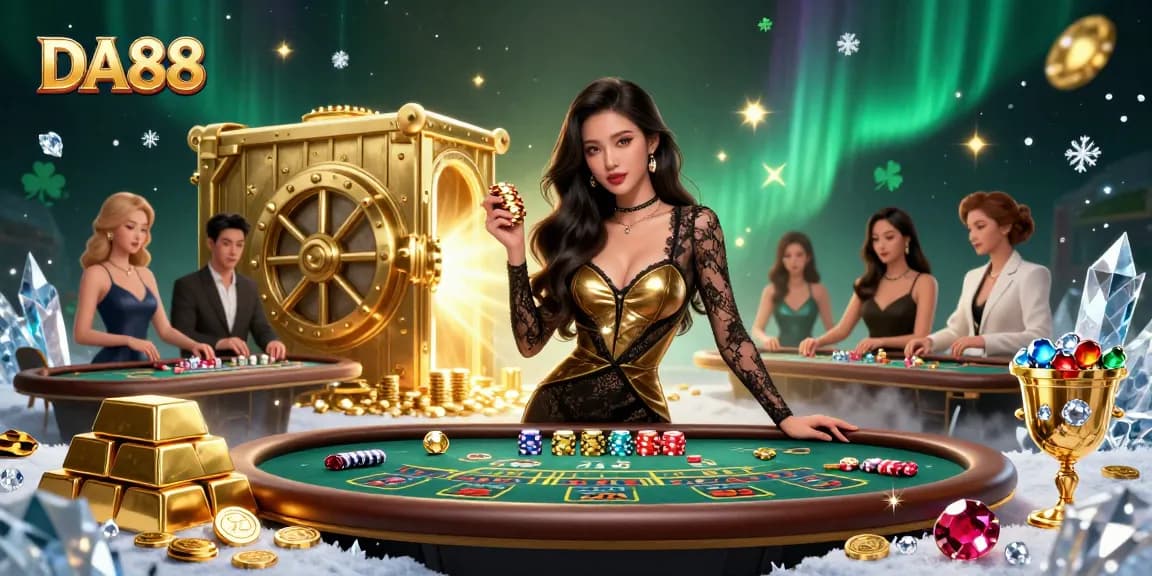 Experience high-stakes excitement at a VIP table with DA88, showcasing golden chips and treasures.