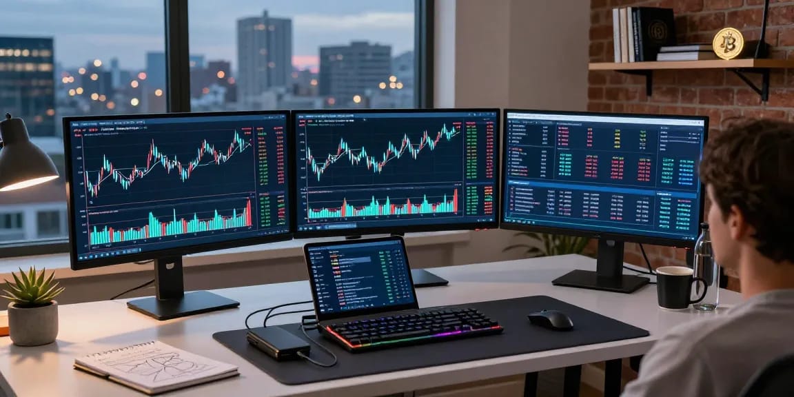 Suivi blockchain dans un bureau moderne avec écran de transactions Bitcoin, tableau DeFi et portefeuille numérique affichés.