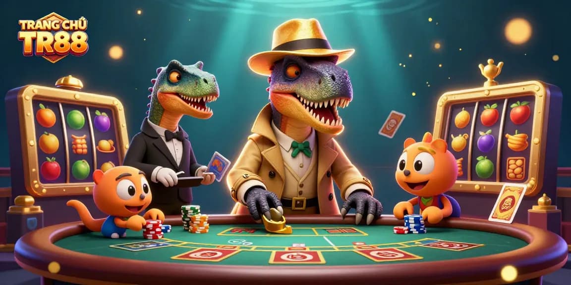 Experience the excitement at TRANG CHỦ TR88 with playful characters in a lively casino atmosphere.