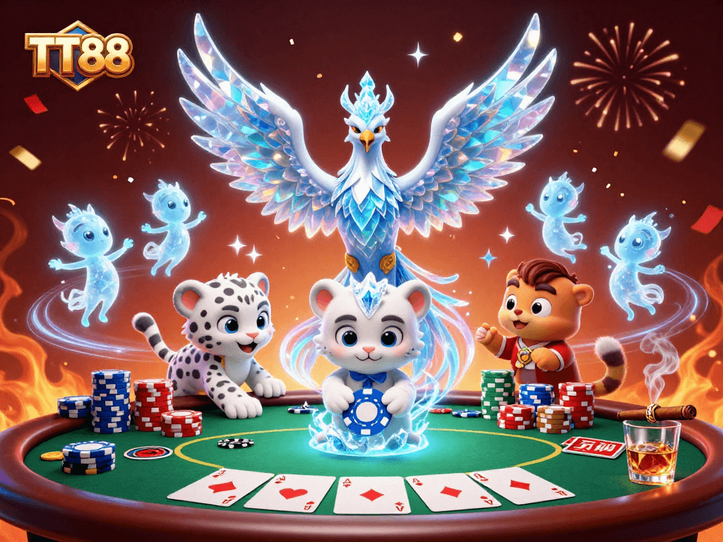 TT88 offers thrilling gameplay with an ice phoenix and snow leopard at a vibrant poker table.