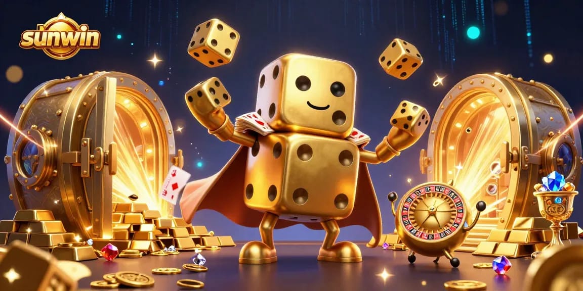 Engage in thrilling dice games with sunwin's captivating casino illustration featuring golden dice and treasures.
