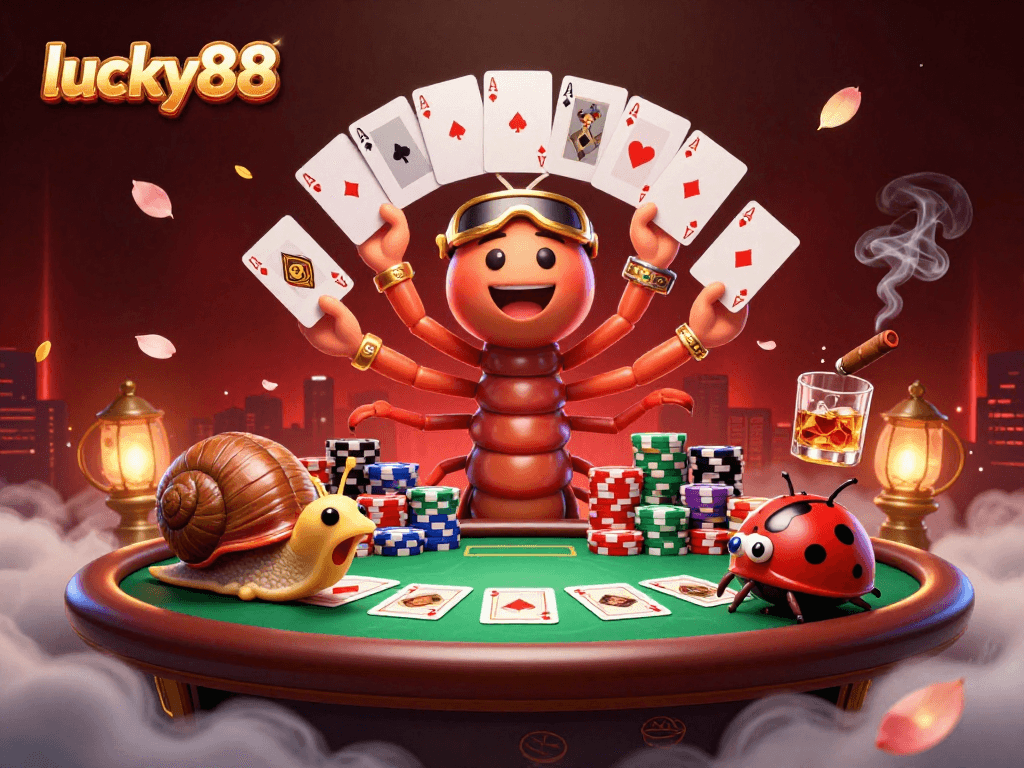 Engage in the exciting world of lucky88 while enjoying a vibrant poker scene with colorful chips and dynamic characters.