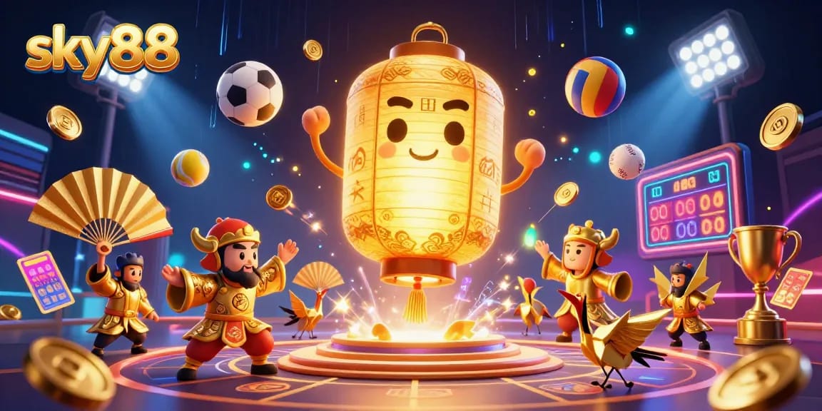 Experience thrilling wins with sky88's dynamic casino scene filled with golden symbols, sports elements, and energy.