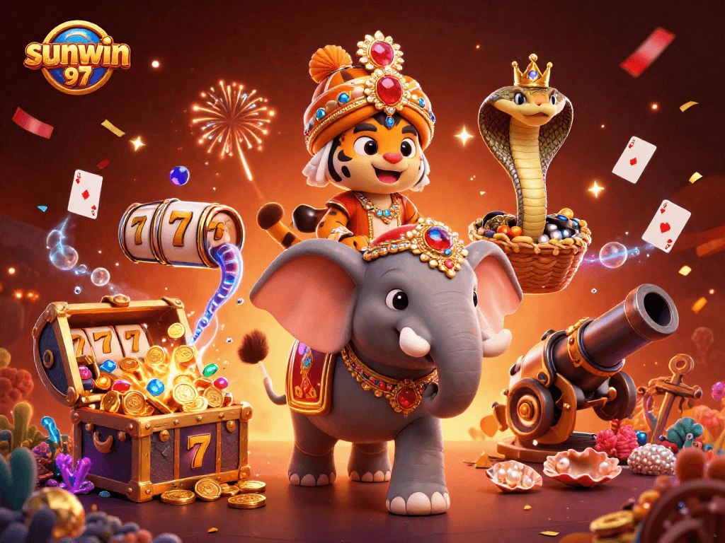 Experience the excitement of sunwin 97 with a vibrant 3D casino scene featuring slot games and treasure.