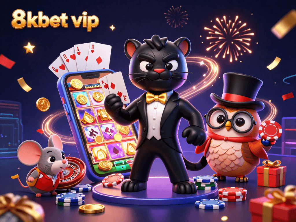 Experience thrilling games at 8kbet vip with a stylish black panther dealer in a vibrant casino scene
