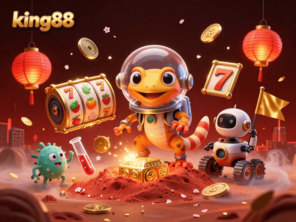 Engage with king88 at a vibrant Martian casino, filled with exciting games and glowing decorations.