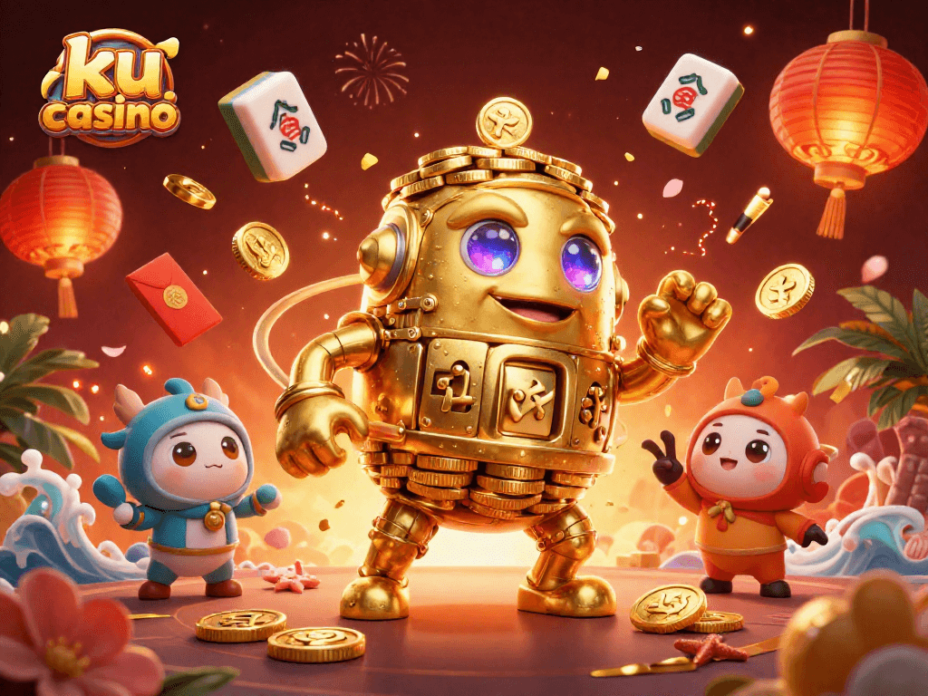 Experience the thrill of winning at ku casino with our golden golem surrounded by vibrant gaming elements.