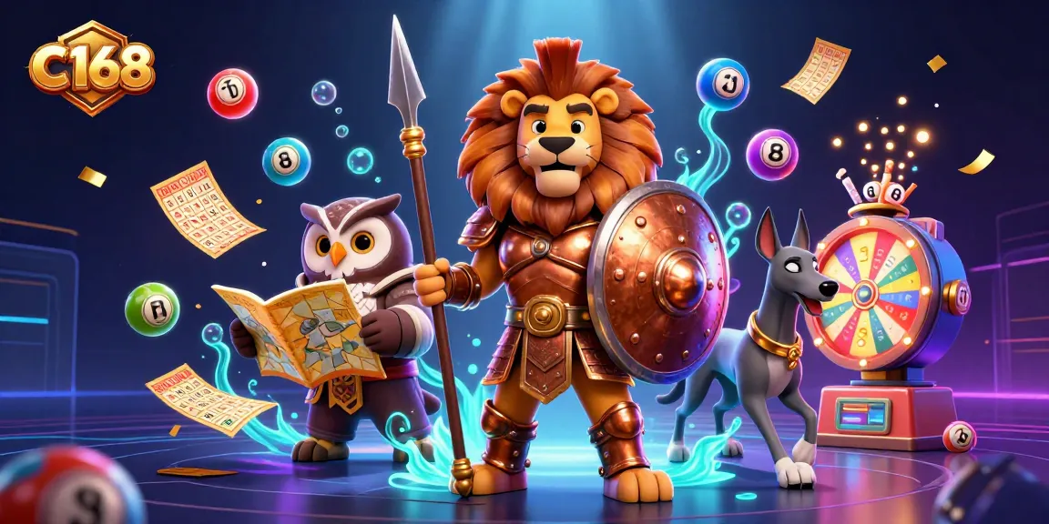 C168 engages players with an exciting casino adventure featuring a Spartan lion, owl strategist, and vibrant lottery elements.