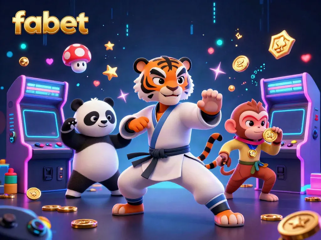 Engage with fabet's thrilling gaming world featuring a kung fu tiger and playful characters in a vibrant casino scene.