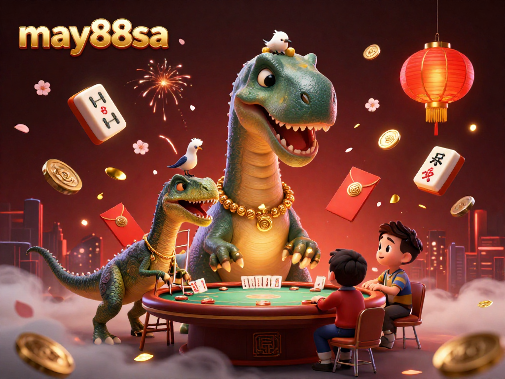 Engage with the may88sa casino scene featuring a brontosaurus and clever raptor in a vibrant card game.