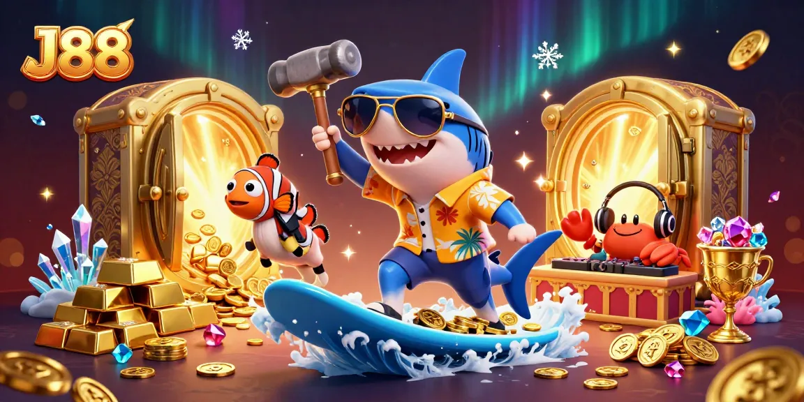Join the fun at J88, where a shark, clownfish, and crab DJ celebrate casino winnings!