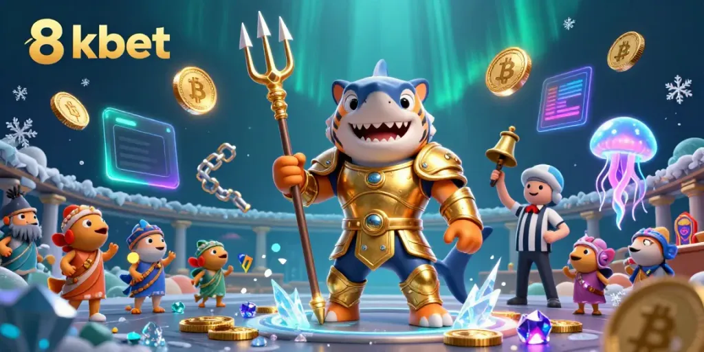 Engage in thrilling underwater casino action with 8xbet's vibrant 3D tiger shark and crypto elements.