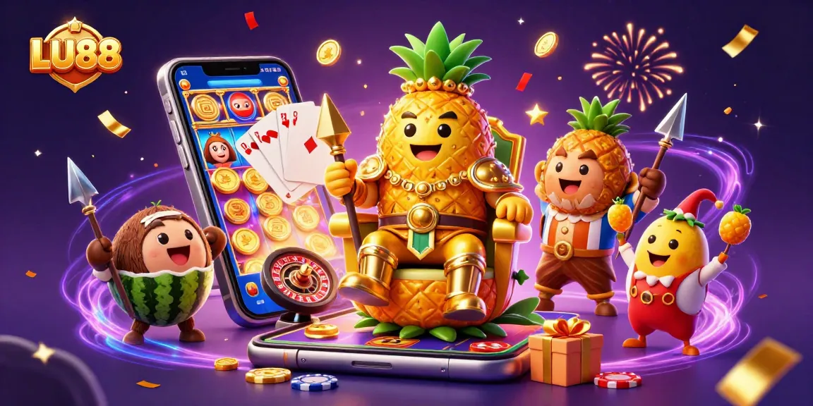 LU88 introduces vibrant casino excitement with a golden pineapple king and lively characters in a dynamic gaming scene.