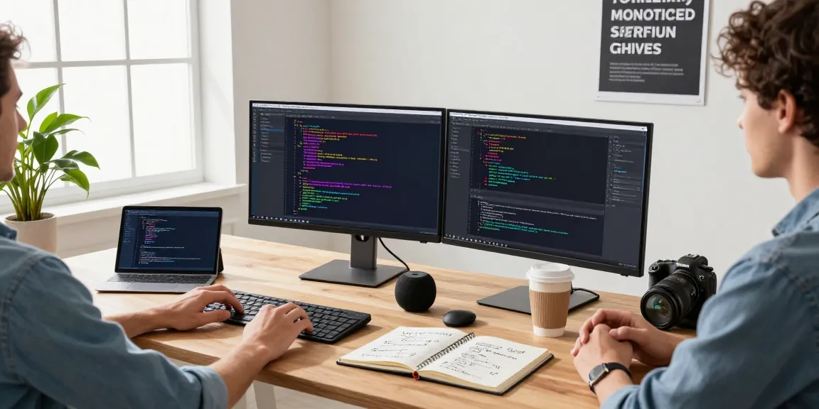 AI code generator workspace with developer coding on multiple screens in a modern office setting.