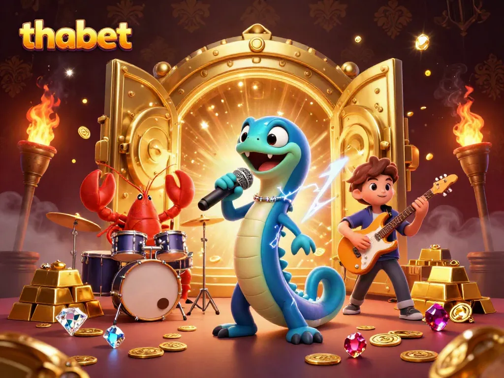 Engaging 3D scene showcasing thabet with an electric eel DJ, lobster drummer, and seahorse guitarist at an underwater casino.