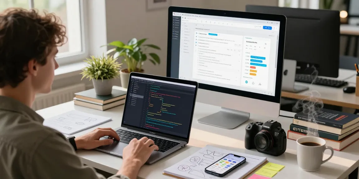 Build internal tools with AI in a modern office workspace where a developer creates user-friendly tools.