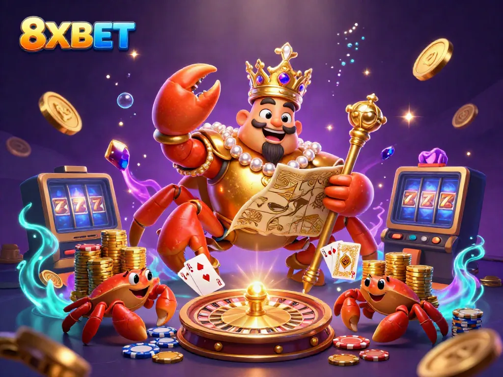 Experience the vibrant energy of 8XBET with interactive characters, casino games elements, and a rich magical backdrop.