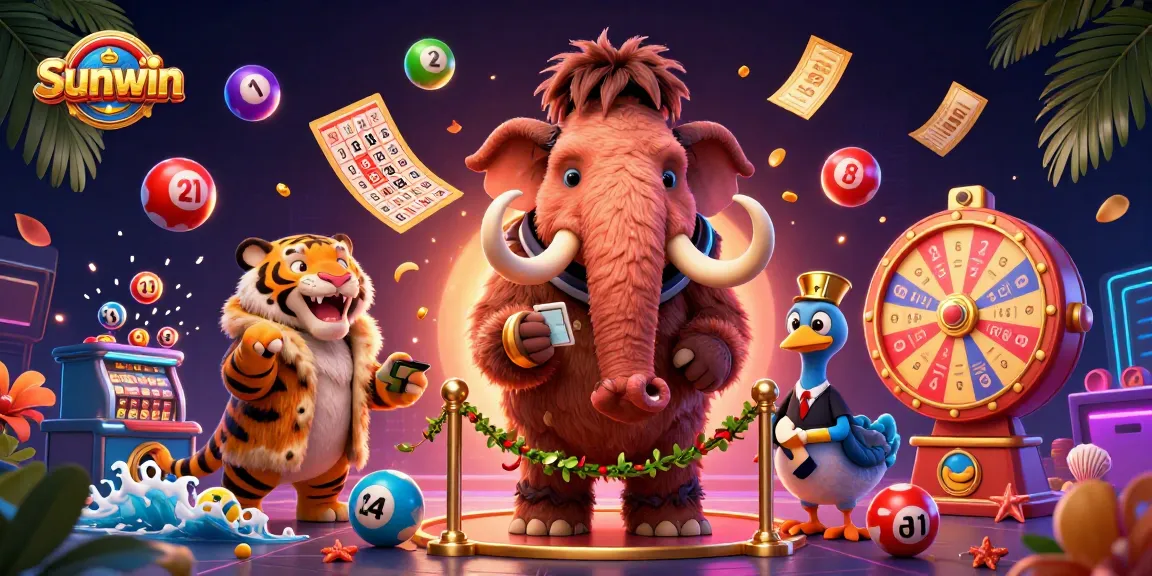 Sunwin features a cartoon mammoth bouncer, tiger VIP, and dodo doorman, amidst vibrant lottery elements.