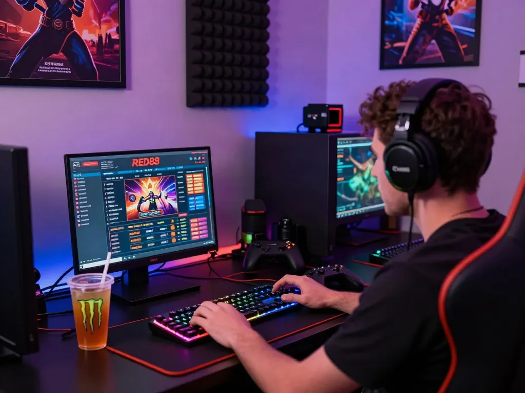 Dynamic online gaming session at RED88 with colorful desktop setup, accessories, and vibrant laptop display.