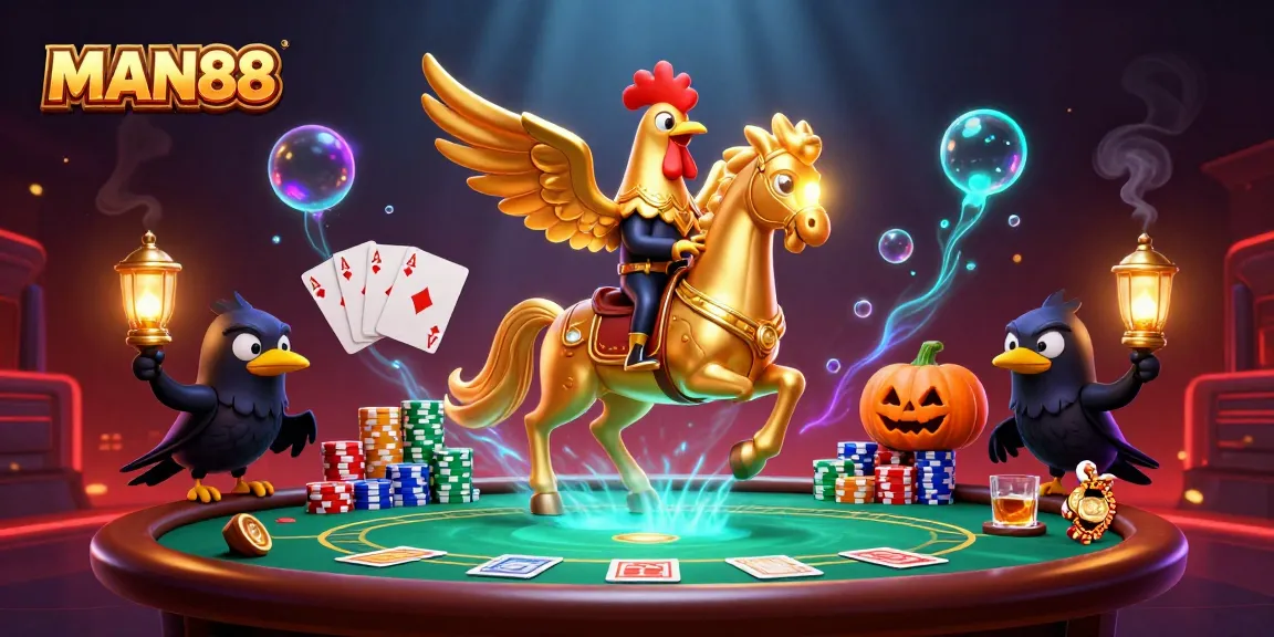 Experience the thrill of MAN88 with a golden rooster, spectral horse, and vibrant poker elements.