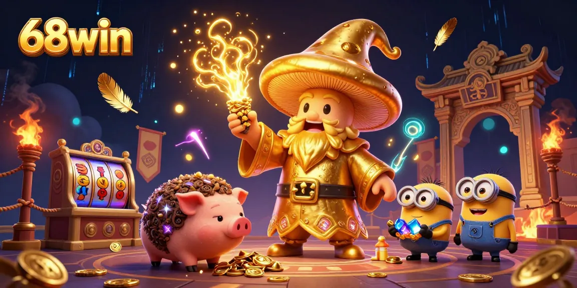 Engage with 68win's vibrant casino magic featuring a golden wizard and treasure hunting pig.
